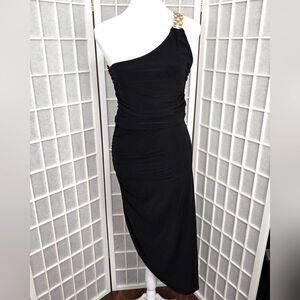 #58.ASYMMETRICAL black dress with gold strap one shoulder nwt